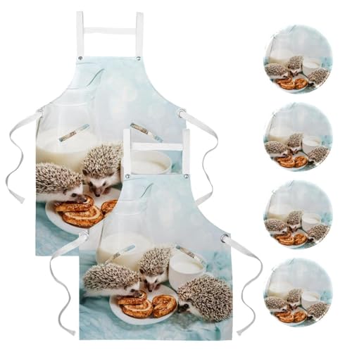 Lot de 2 tabliers de cuisine avec poches et motifs de hérissons