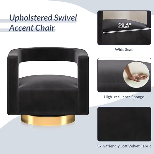 Image of BELLEZE Swivel Barrel Accent Chair, Modern Upholstered Arm Comfy Velvet Curved Back Round Chair with Gold Base Wood Frame, 360 Degree for Living Room Bedroom Office,Black