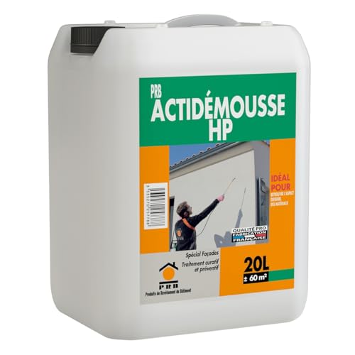 Traitement Anti-Mousse Haute Performance ACTIDEMOUSSE 20L - Curatif et Préventif Incolore - Élimine Mousses, Lichens, Moisissures - Façades, Murs, Toitures...