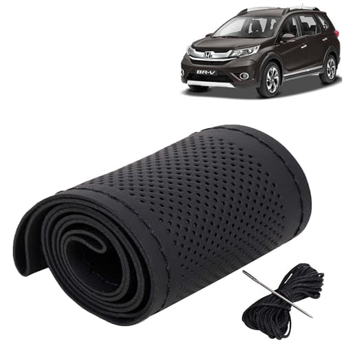 Image of KINGSWAY PU Leatherite Car Steering Cover Sewable Compatible with Honda BRV (Year 2016-2020), Black Color with Black Thread, Pack of 1 with Sewing Needle and Thread