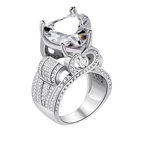 Uloveido Platinum Plated Big Love Heart Cubic Zirconia Wide Cluster Architecture Statement Rings Engagement (Size 6 7 8 9 10) Y4294