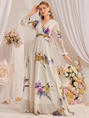 Image of TOLEEN Summer Casual Dresses for Women 2024 Spring Fashion Boho V Neck Long Sleeve Ruffle Floral Print Elegant Maxi Dress