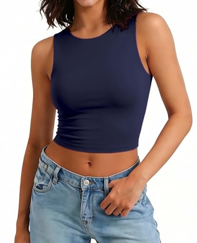 Avidlove Crop Tops for Women High Neck Basic Tank Sexy Double Lined Seamless Crop Going Out Summer Tops Navy Blue