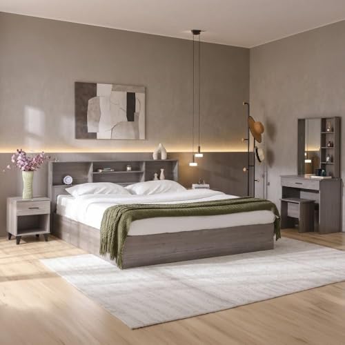 Danube Home Gamorah 5 Pieces Bed Set King Size + Night Stand + Dresser And Stool With Mirror | Comfortable Bedset Full | Sturdy Modern Design Wooden Bed Room Set Furnitures (Grey King)