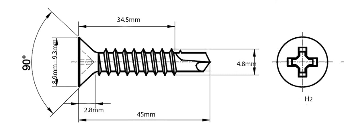 4.8mm x 45mm Black Self Drilling Countersunk Screws Flat Head Carbon Steel Self Tapping Screws for Metal Sheets Roofing Windows (Pack of 50) X07BC - Image 2