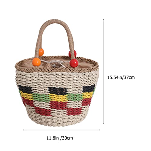 HOMSFOU Straw Woven Tote Bag, Handmade Shoulder Bag with Wooden Bead Handle, Colorful Plaid Design, Multi, Ideal for Picnic, Travel, Shopping, 14.6 x 4.7 x 11.8 Inches2