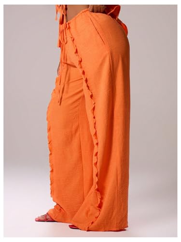 Floerns Women's Summer Frill Trim Straight Leg Pants Drawstring Waisted Beach Trousers2