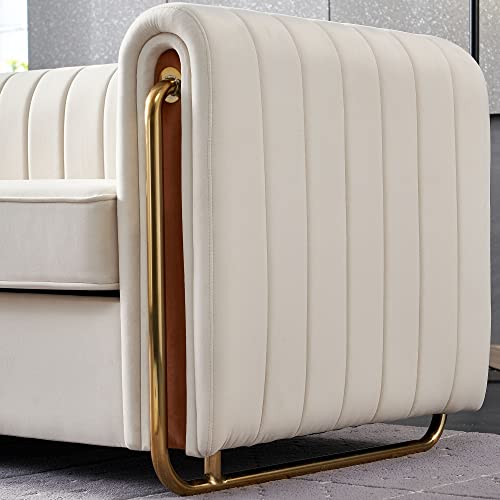 Image of KEIKI 84 inch Velvet Deep Channel Tufted Sofa with Back Cushions and Rolled Arms, Modern Style 3-Seater Couch with Golden Polished Steel Legs, Easy Assembly, for Living Room, Bedroom, Office, Beige