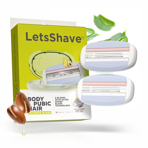 LetsShave Recambios de cuchillas de afeitar para el cuerpo y el púbico (cartucho), paquete de 2, juego de maquinilla de afeitar ultra afilada de 3 cuchillas, navaja íntima, barra de humedad dual con