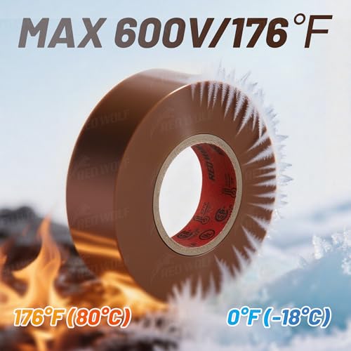 Image of RED WOLF 10 Pack Brown Electrical Tape 3 /4 Inch x 66 Ft Industrial Grade UL /CSA Listed 7 Mil Thick Flame Retardant High Temp Waterproof Electrical PVC Tape Electric Super Vinyl Rated 600V