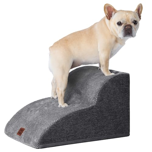 EHEYCIGA Hundetreppe für Kleine Hunde 30 cm Hoch, Haustiertreppe für Sofa Bett, Treppe für Hunde aus Hochdichtem Schwamm, Hunderampe mit Waschbarem Bezug und Rutschfestem Boden, 2 Stufen, Grau