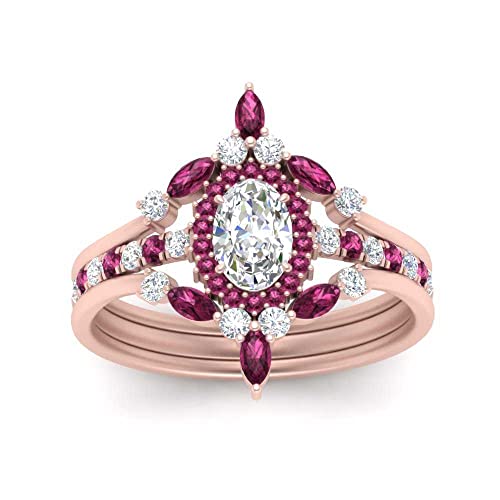 Image of 55Carat Choose Your Gemstone Oval Halo Antique Engagement Ring Rose Gold Plated Oval Shape Vintage Engagement Rings Everyday Jewelry Wedding Jewelry Handmade Gifts for Wife US Size 4 to 12