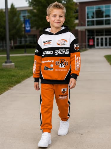 Image of Boy 2 Piece Outfits Long Sleeve Racing Hoodie Top and SweatPants Fall Winter Clothing Set Sizes 5-12 Years