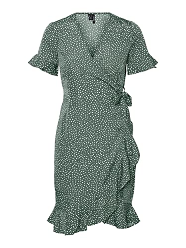 VERO MODA Damen Vmhenna 2/4 Wrap Frill Dress Noos Kleid, Laurel Wreath/AOP:Tiny Dots, S EU