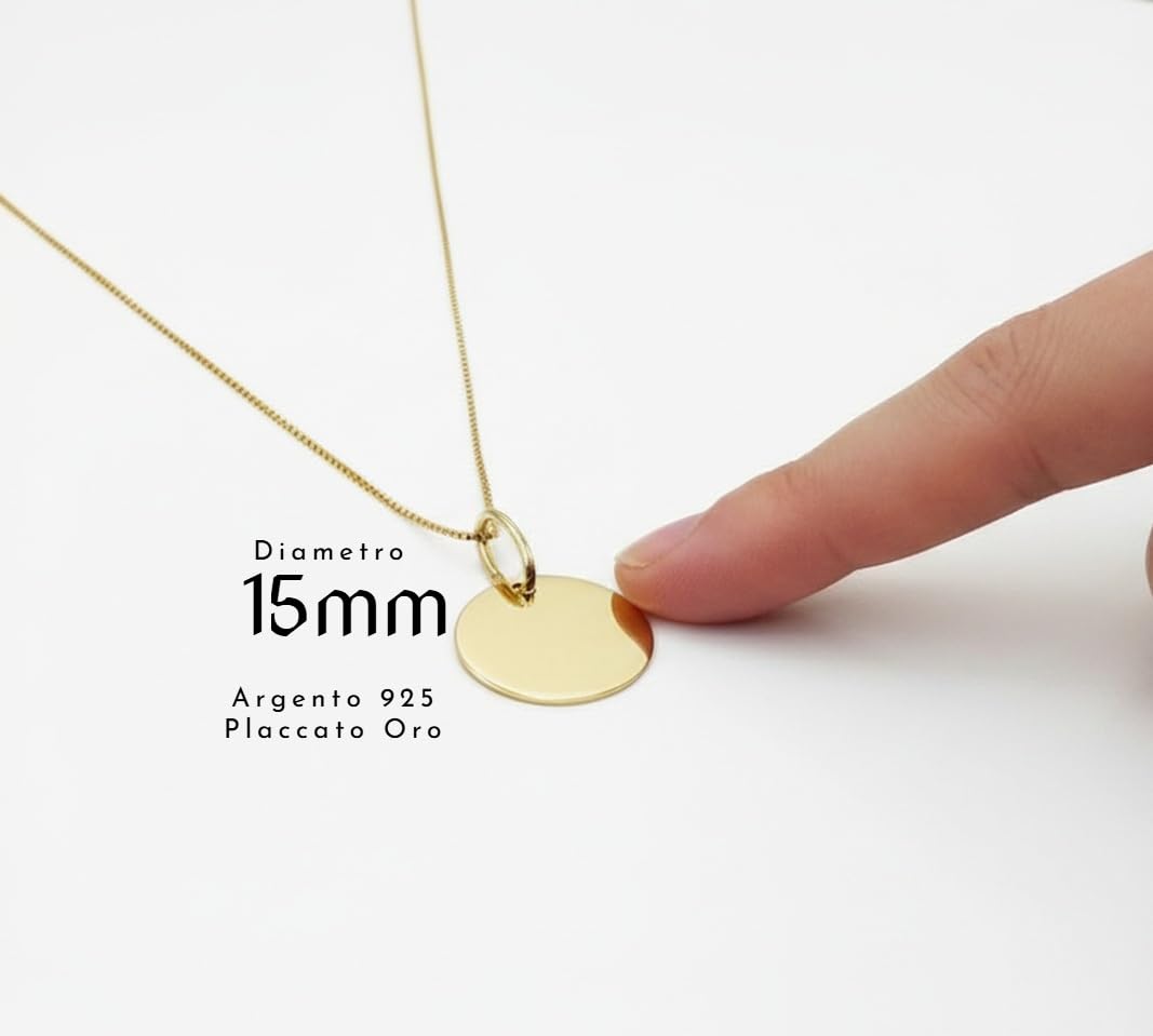 Collana con Medaglia Tonda Personalizzabile in Argento 925 Placcato Oro, Incisione Gratuita