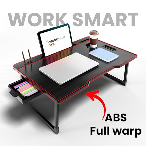 Image of WONDWILD Smart Multipurpose Foldable Laptop Table with Cup Holder, Study Table, Bed Table, Breakfast Table, Foldable and Portable /Ergonomic & Rounded Edges /Non-Slip Legs (ABS BLACKK)