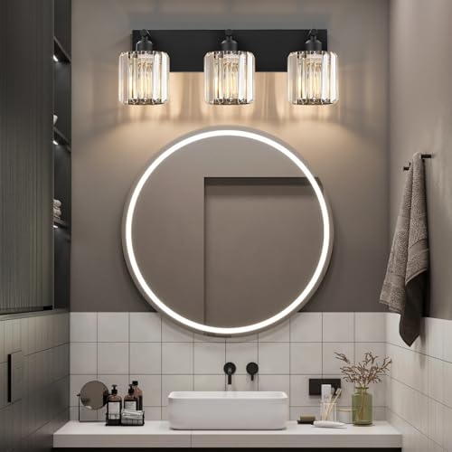 Image of Black Crystal Bathroom Vanity Light, 3-Light Modern Bathroom Lighting Fixtures Over Mirror, Matte Black Wall Sconce Light Fixtures with Round Shade