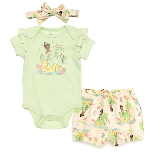 Image of Disney Baby Girls Bodysuit, French Terry Bubble Shorts & Headband 3 Piece Outfit Set Newborn to Infant Sizes (0-24 Months)