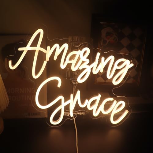 Image of inchAmazing Grace inch Hymn Quote Light - Inspirational & Timeless LED Wall Art for Church, Chapel, Prayer Room or Home Sanctuary Decor, Dimmable USB, Comforting Spiritual Gift of Hope & Peace