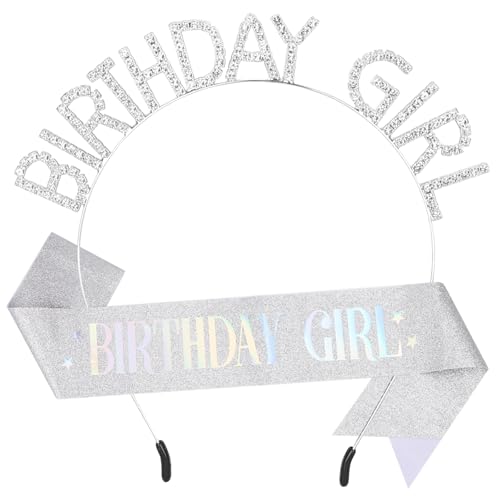 Birthday Girl Sash & Tiara Crowns for Women Princess Rhinestone Headband Birthday Gifts for Girl Women (Sliver)