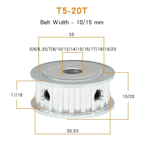Polea dentada Engranaje T5-22T con diámetro interior de 7 mm y paso de 5 mm para transmisiones 2