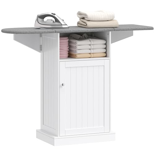 HOMCOM Tabla de Planchar móvil Plegable y Ahorra Espacio con Ruedas con Freno, Mueble de Planchar Multiuso con Compartimento Abierto, Estante Ajustable, para lavandería y baño, 121 x 37 x 89 cm,