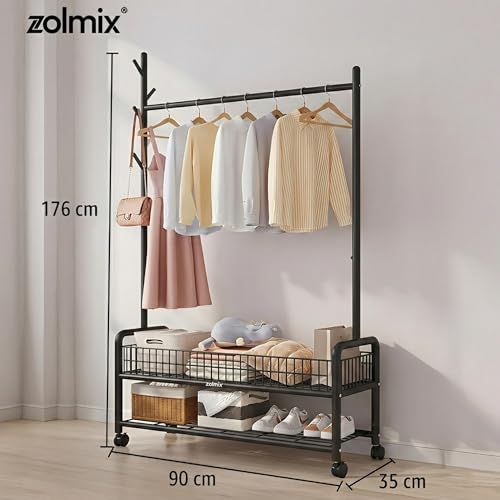 Image of ZOLMIX Metal Garment Rack With Wheels & 2 Bottom Mesh Shelves | Clothes Hanging Stand, Coat Hanger Stand For Home, Cloth Rack For Bedroom, Clothing Rack Organizer For Clothes, Bags & Shoes (Black)