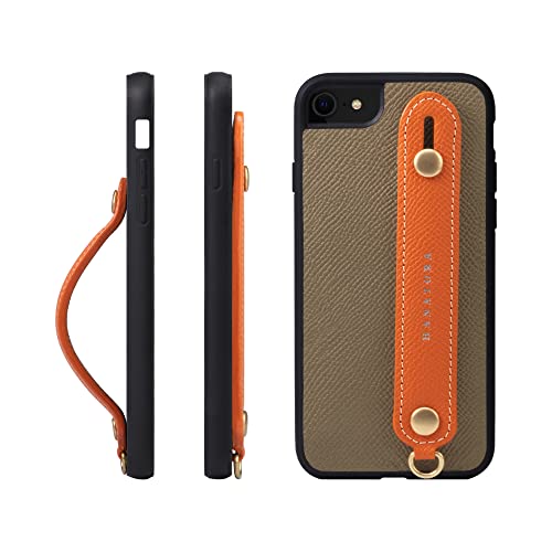 iPhone 8 / iPhone 7 / iPhone SE3 / SE2  ケース 本革 グリップケース エンボスレザー ストラップ付属 片手操作 スタンド機能 メンズ レディース トープ/オレンジ NGH-8SE-Taupe-OG