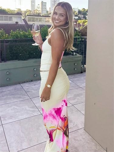 Women Panelled Print 2 Piece Set Holiday Style Crop Camis Matching Skinny Maxi Skirts Relax Outfits3