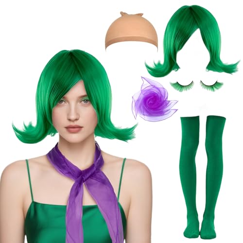 Disgust Costume Women Green Disgust Wig and Scarf Eyelashes Adult Short Flip Hair Anime Cosplay for Halloween Party