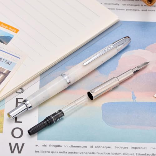 Image of GOLD LEAF Jinhao 20 Press Retractable Fountain Pen - Fine Nib with Converter - Plastic Body & Metal Clip - Multiple Colors - Smooth Writing Pen (No Ink Included) (White Winter Snow(Silver Clip))