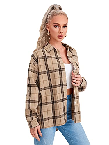 SOLY HUX Women's Plaid Long Sleeve Button Down Shirt Pocket Front Top Blouse Khaki S