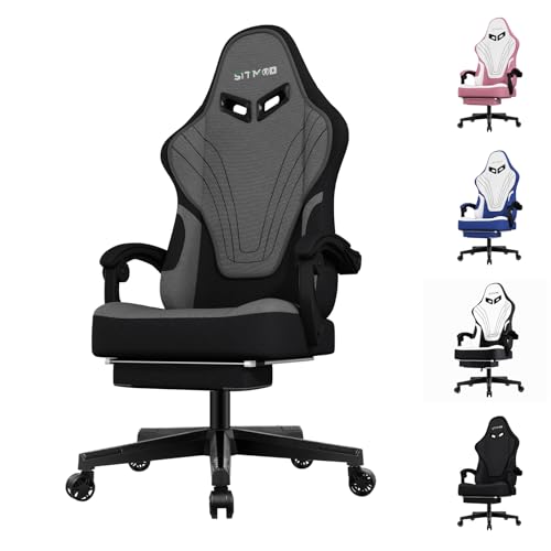 Ulody Gaming Chair with Footrest| Fabric Ergonomic Video Game Chair, High Back Office Chair | Headrest and Massage Lumbar Support | Height Adjustable 360°-Swivel | Office Chair for Adult-Grey