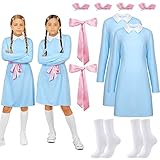 Berlune 8 Pcs Halloween Twins Costumes Adult Women Blue Twin Dress Include Collar Flare Skater Dress Pink Silk Ribbon Sash 2 Pairs Athletic Socks and Bow Side Clip for Halloween Cosplay Party