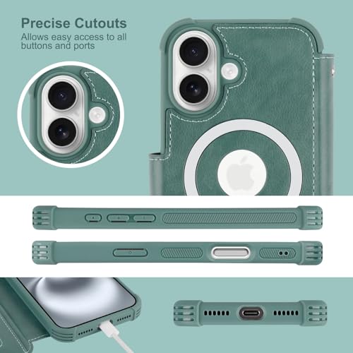 VANAVAGY Compatible for iPhone 16 Wallet Case for Magsafe Wireless Charging, PU Leather Flip Folio Case Strap [Screen Protector & Camera Lens Protector] with RFID Blocking Card Holder,Forest Green by VANAVAGY - Used condition - Image 7