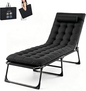 KernGut Folding Lounger,Sonnenliege Klappbett Gästebett Klappbar Liegestuhl,4 Positionen Verstellbares Tragbares Multifunktions-Campingbett,Mit Matratze Seitentasche (Schwarz 1 Stück)