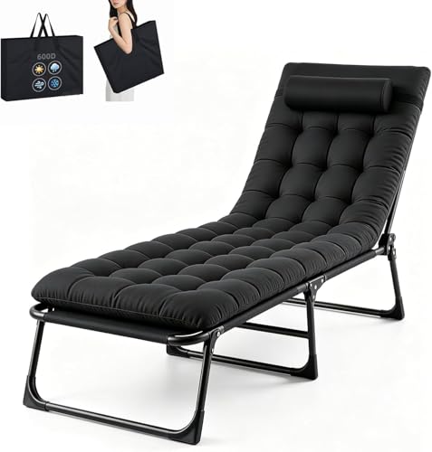 KernGut Folding Lounger,Sonnenliege Klappbett Gästebett Klappbar Liegestuhl,4 Positionen Verstellbares Tragbares Multifunktions-Campingbett,Mit Matratze Seitentasche (Schwarz 1 Stück)