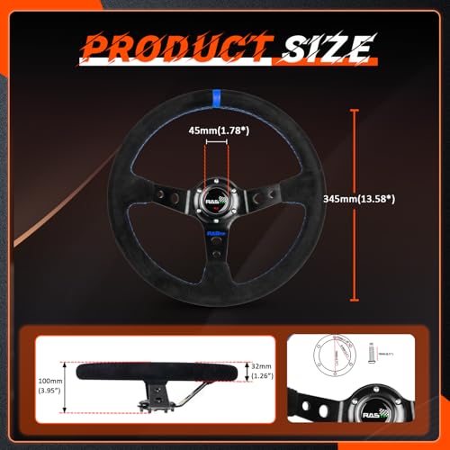 image for RASTP Universal Racing Steering Wheel Suede Deep Dish 13.58”/345mm 6