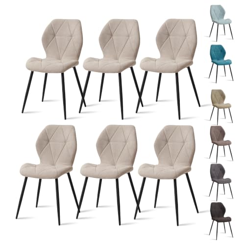 GrandCA HOME Juego de 6 Sillas de Comedor, Sillas de Comedor Tapizadas, Sillas de Cocina Nórdicas, Sillas Acolchadas con Patas de Metal, Cojines de Tela de Rombos, Beige-R