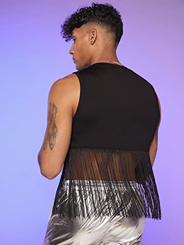 Cozyease Men's Solid Fringe Hem Crop Tank Top Sleeveless Round Neck Bodycon Shirt Top Black Xl #TOP1