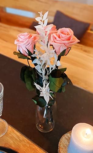 Handgebundener Rosenstrauß mit 3 Rosen und Ruscus - Echte ewige Rosen 3 Jahre haltbar – Rosen mit Stielen Höhe 26 cm - Made in Germany (Rosa)
