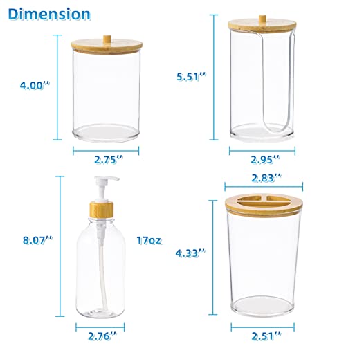 Vitviti 4 Pack Bamboo Bathroom Accessories Set, Clear Toothbrush Holder 17Oz Mouthwash Dispenser With Cup Holder, Floss/Cotton Swab/Ball Canister, Plastic #TOP5
