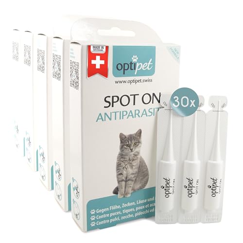 OptiPet Spot On Pipetten für Katzen 30x1ml - Hochwirksame Tropfen gegen Milben, Flöhe, Zecken & Läuse - Parasiten Abwehr Schutz bis zu 120 Wochen - Flohschutz, Zeckenschutz, Zeckenmittel für Katzen