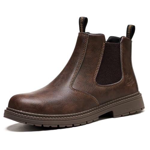 Image of KELODON Waterproof Steel Toe Boots For Men-6" Slip On Work Boots Mens Steel Toe Shoes Indestructible Non Slip Resistant Ankle Industrial Construction Safety Boot,Brown,Size 10.5