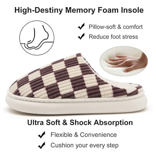 Image of Yueerlu House Slippers for Women Men, Fuzzy Checkered Mens Womens Slippers Warm Memory Foam House Shoes Indoor Outdoor with Faux Fur Lining