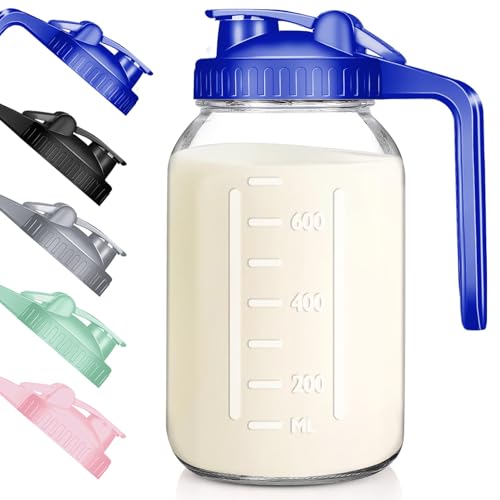 Image of Wide Mouth Mason Jars 32 oz with Pour Spout Lids, SNGKMSYG 1 Quart Glass Pitcher with Lid, Double Leak Proof Breast Milk Pitcher for Fridge, Coffee, Water, Iced Tea (Blue, 32oz, 1 Pack)