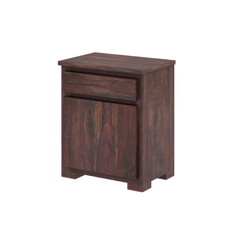Image of Solid Sheesham Wood Bedside Table with 1 Drawer & 1 Door Storage, End Table, Side Table for Bedroom, Living Room, Home (Walnut Finish)