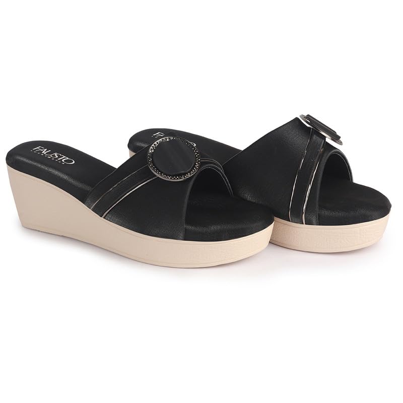 Image of FAUSTO Women Buckle Design Wedge Heel Sandals | Comfortable Slip-On Platform Slides For All Day Wear, Casual and Party | Soft Cushioned Insole
