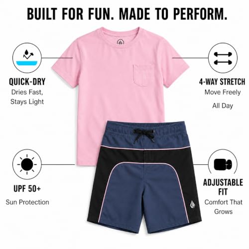 Image of Volcom Baby Boys Swim Set - 2 Piece Short Sleeve Swim Shirt Graphic Tees & Board Shorts - Infant Toddler Little Boys Swimsuit