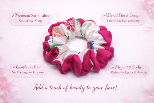 Image of Satin Scrunchies Hair Bands for Women | No-Damage Elastic Hair Ties for Ponytails & Buns | Fluffy & Stylish Rubber Bands | Extra Large Size | Pack of 2 (Floral Print Combo)